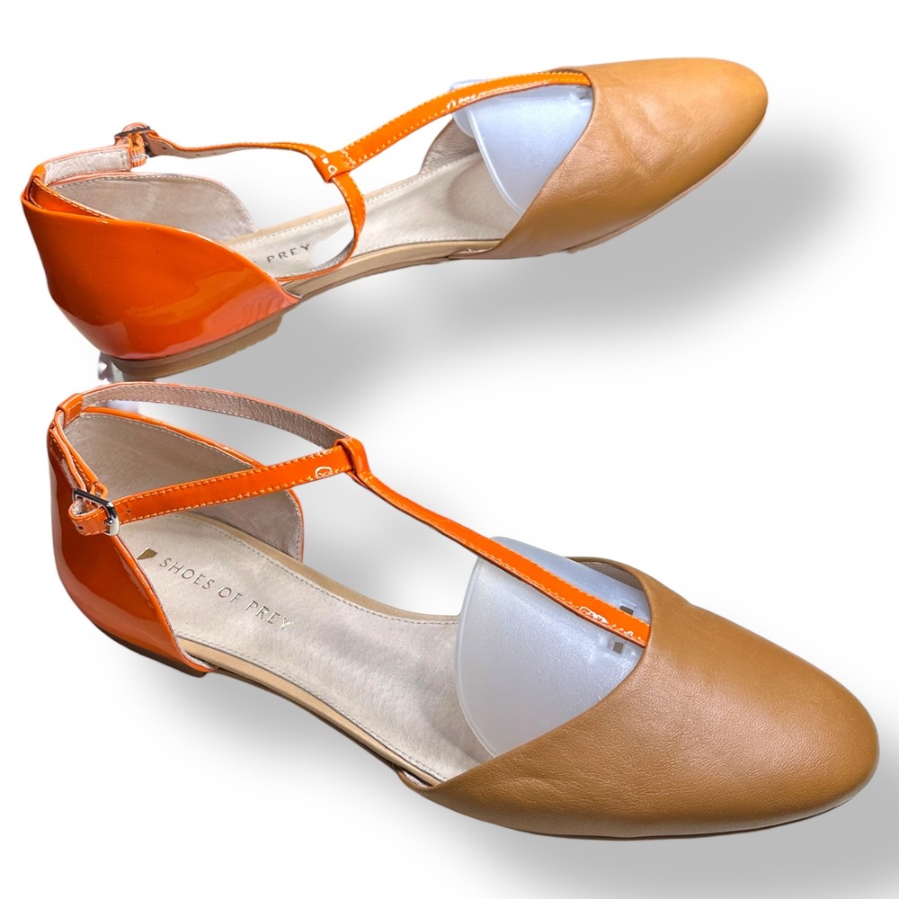 Shoes of Prey Women's Tan Orange Patent Leather T Strap Ballet Flats Size 11.5